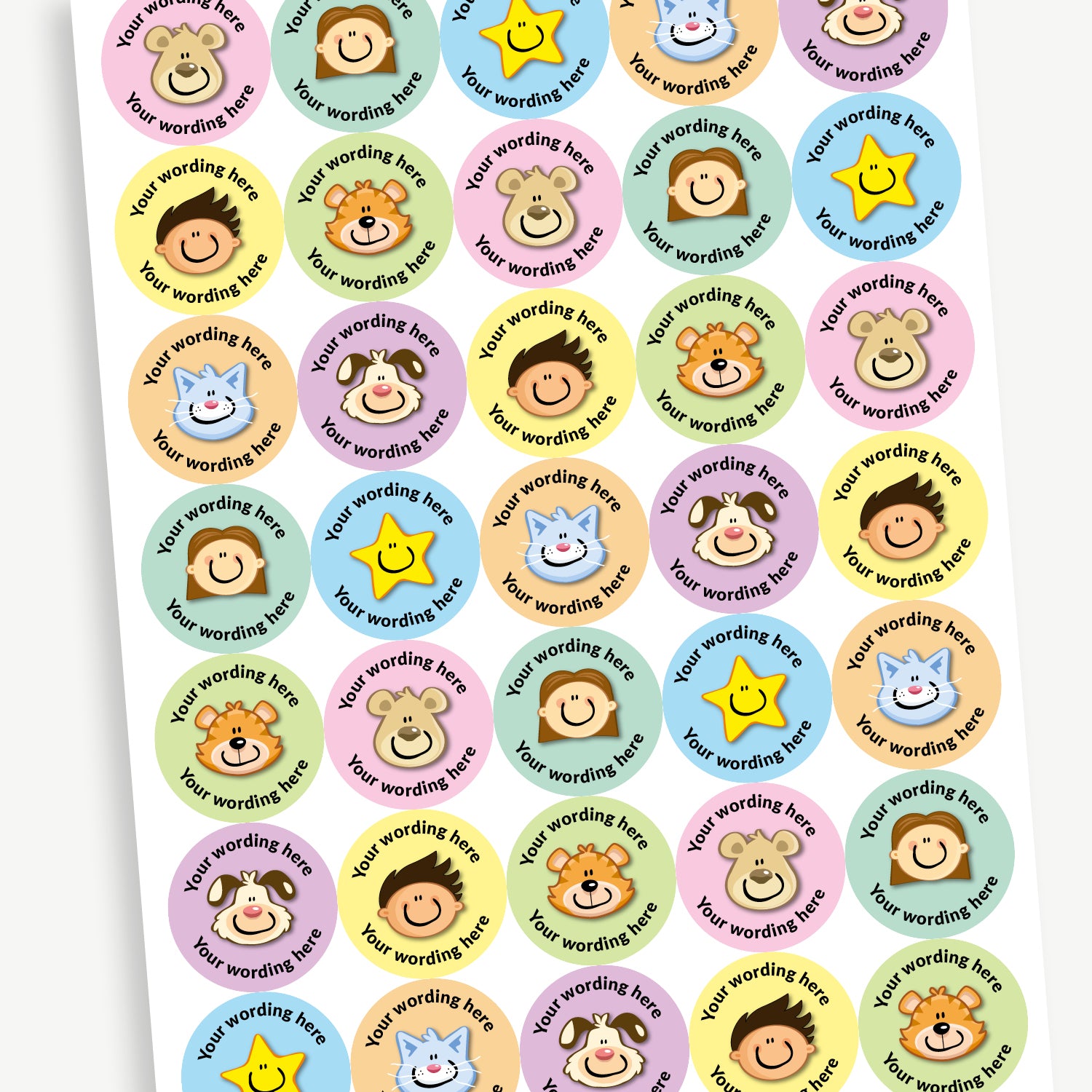 A sheet of 37mm round personalised stickers with sweet shop scent. The pastel coloured stickers display different smiling characters, such as  star, dog, cat, bear, boy and girl. Text around the character is customisable.
