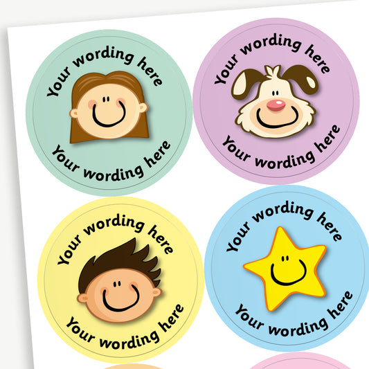A sheet of 37mm round personalised stickers with sweet shop scent. The pastel coloured stickers display different smiling characters, such as  star, dog, cat, bear, boy and girl. Text around the character is customisable.
