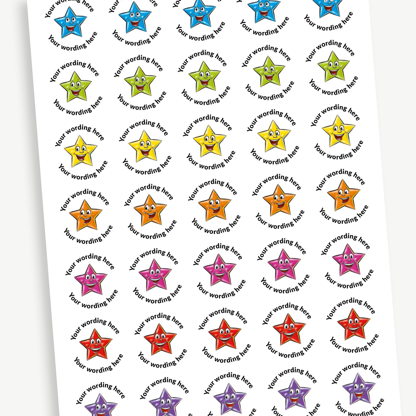 Sheet of 37mm circular personalised stickers with jellybean scent. The stickers feature colourful stars which are smiling. Text around the star is customisable.
