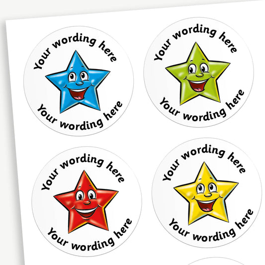 Sheet of 37mm circular personalised stickers with jellybean scent. The stickers feature colourful stars which are smiling. Text around the star is customisable.
