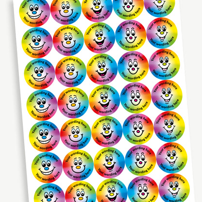 A sheet of 37mm round personalised stickers with sweet shop scent. The rainbow spectrum coloured stickers display various cartoon like smiling faces. Text around the character is customisable.
