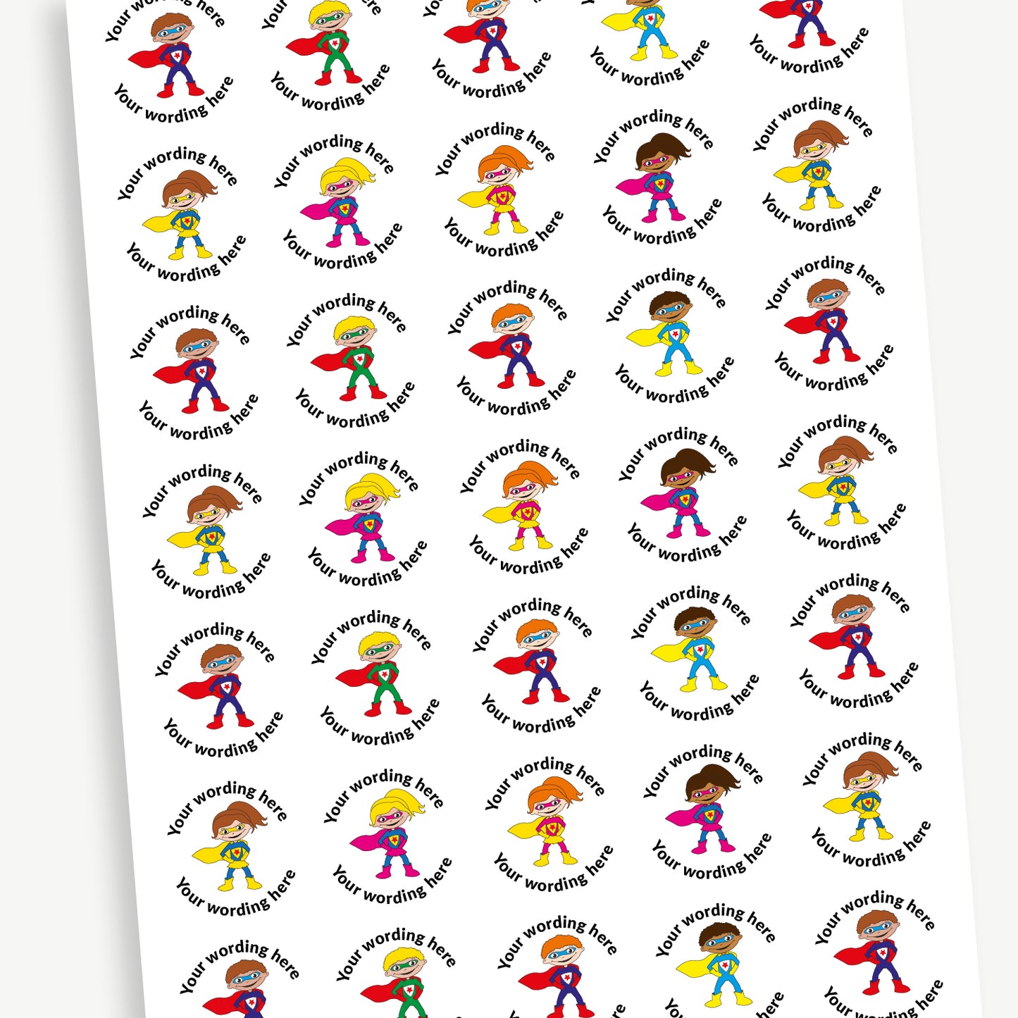 A sheet of 37mm round personalised stickers with sherbet scent. Each sticker has a centrally located child superhero. Text around the character is customisable.
