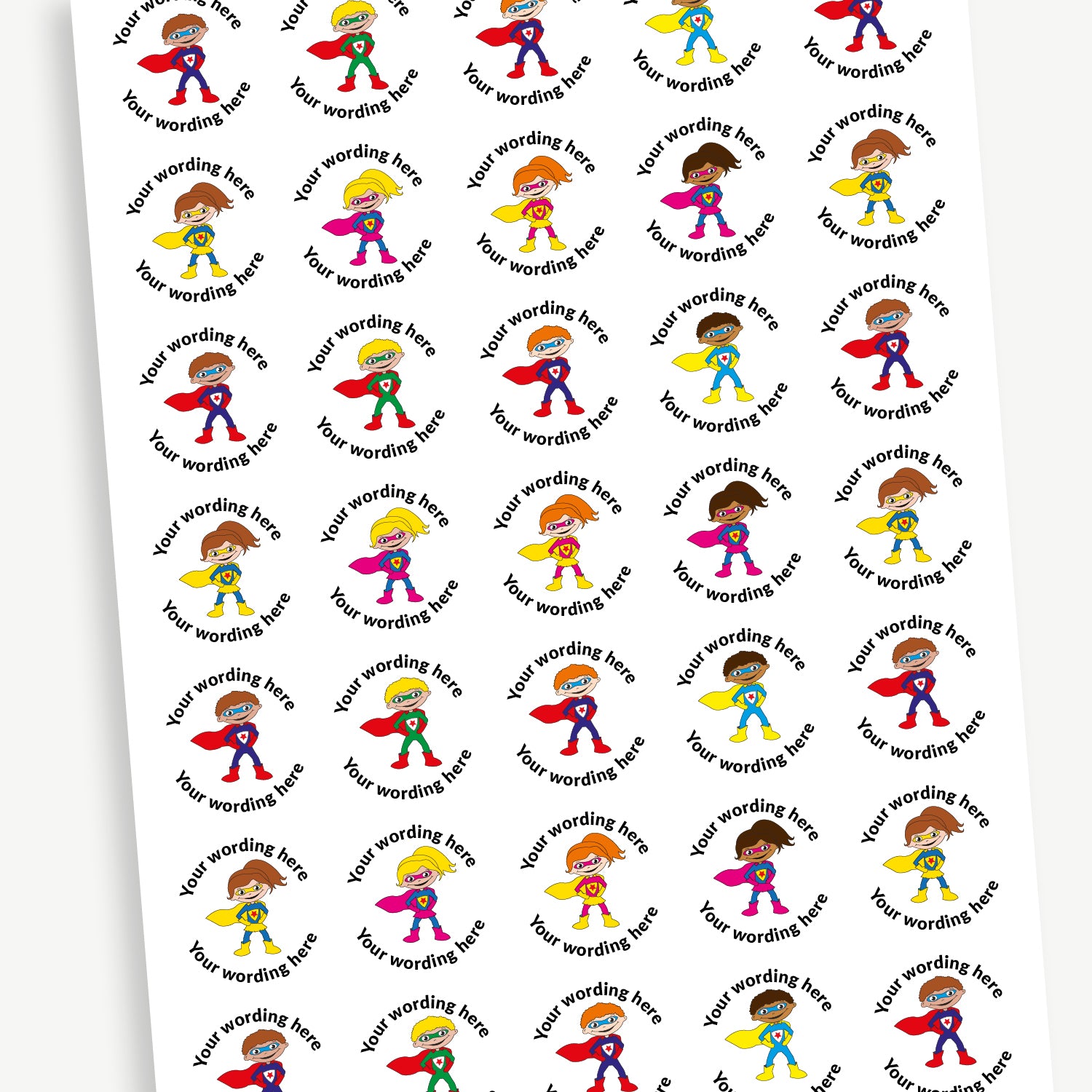 A sheet of 37mm round personalised stickers with sherbet scent. Each sticker has a centrally located child superhero. Text around the character is customisable.

