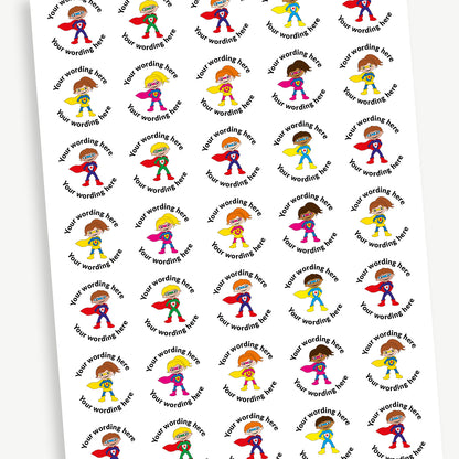 A sheet of 37mm round personalised stickers with sherbet scent. Each sticker has a centrally located child superhero. Text around the character is customisable.
