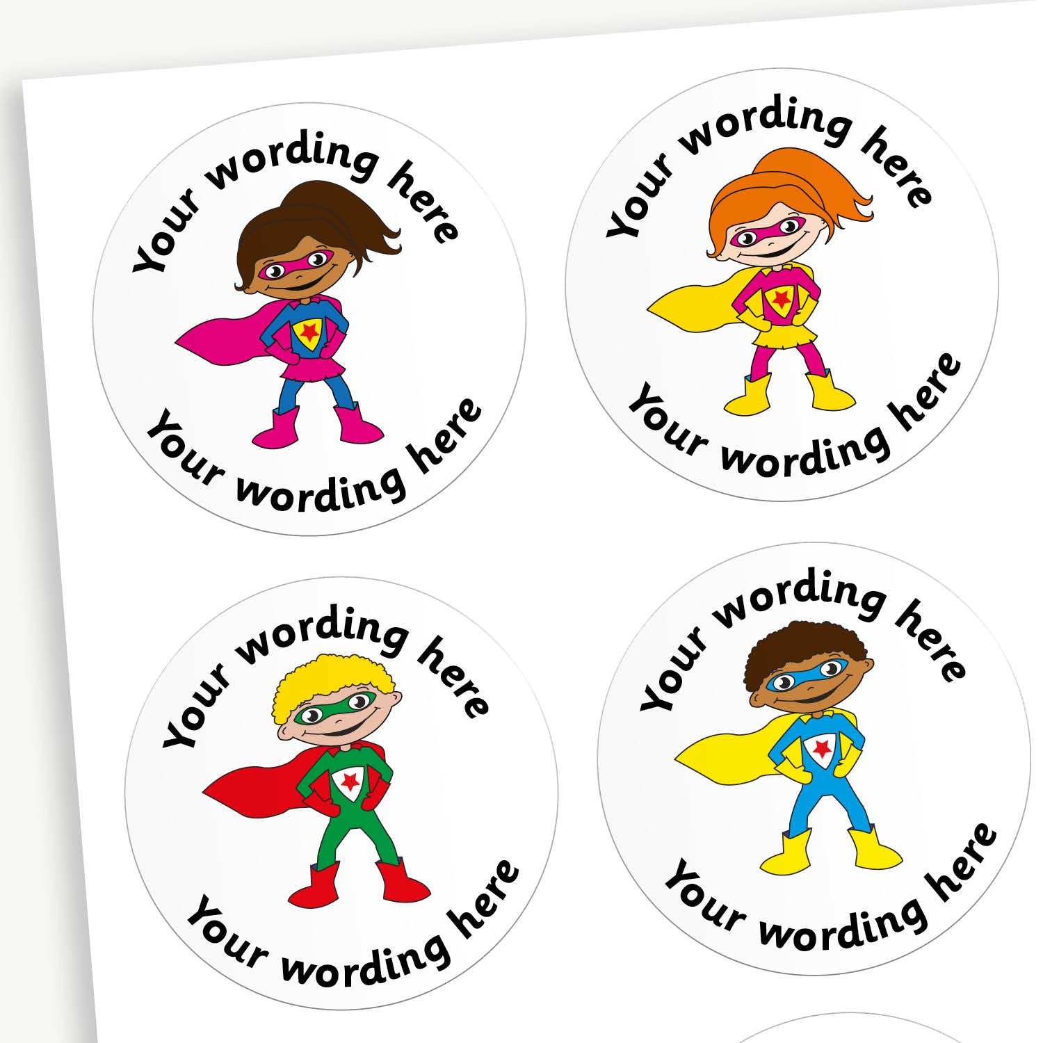 A sheet of 37mm round personalised stickers with sherbet scent. Each sticker has a centrally located child superhero. Text around the character is customisable.
