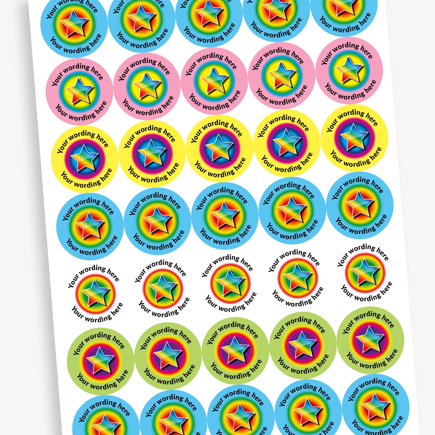 A sheet of 37mm round personalised stickers with sherbet scent. There is rainbow star in the centre of the sticker. Text around the character is customisable and is a variety of pastel colours.
