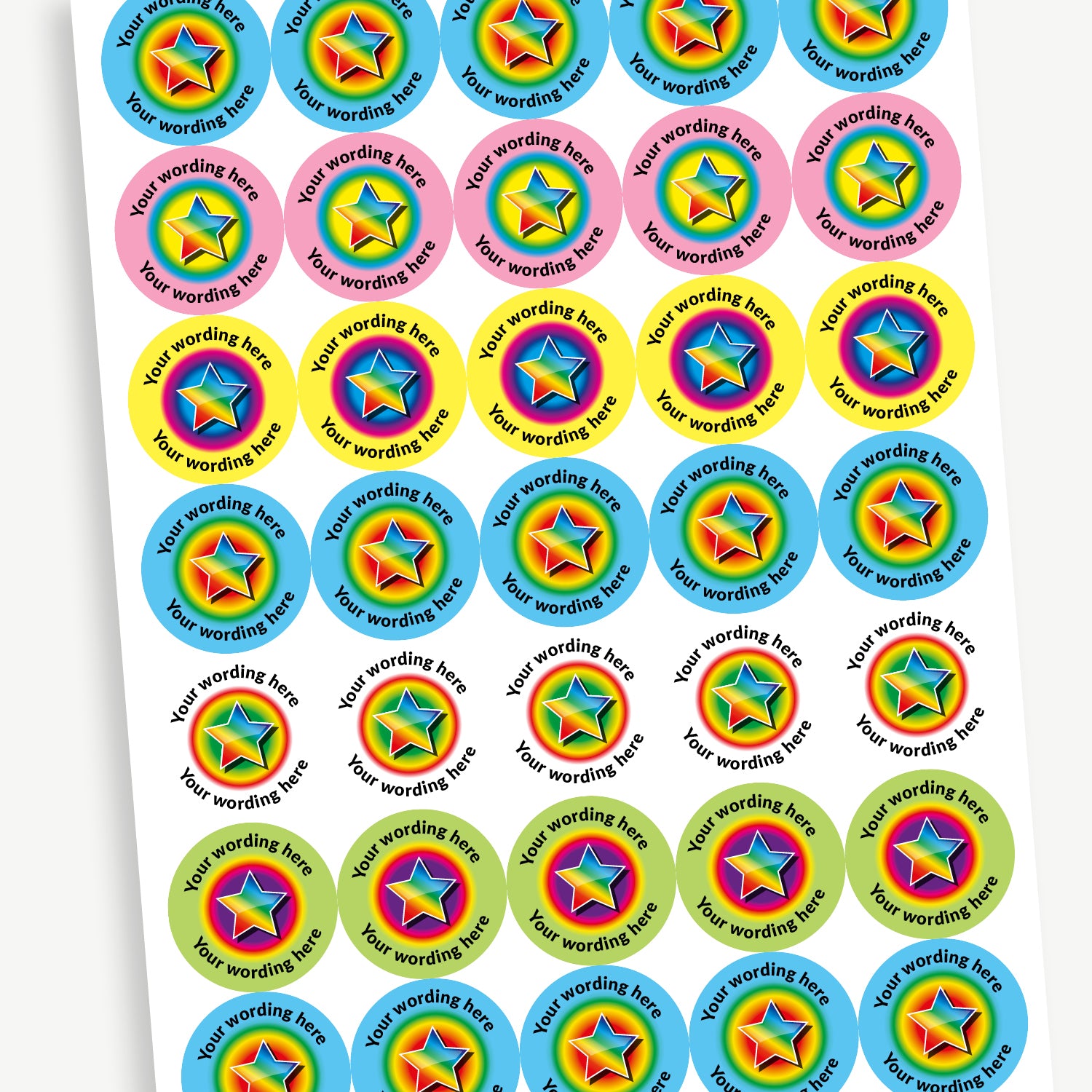 A sheet of 37mm round personalised stickers with sherbet scent. There is rainbow star in the centre of the sticker. Text around the character is customisable and is a variety of pastel colours.
