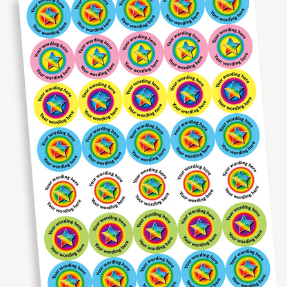 A sheet of 37mm round personalised stickers with sherbet scent. There is rainbow star in the centre of the sticker. Text around the character is customisable and is a variety of pastel colours.
