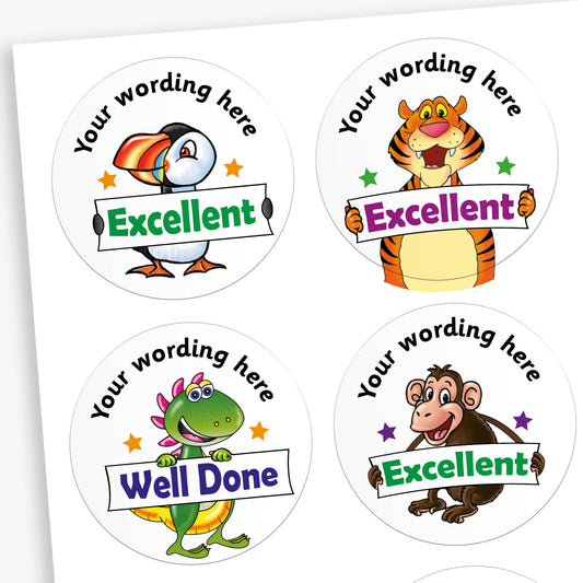 Sheet of 37mm circular personalised stickers with bubblegum scent. The stickers feature colourful characters such as Puffin, Dog, Super Hero, Tiger, Dinosaur with motivational phrases such as 'Fantastic', Great Work' and 'You're a Star'. Text around the characters is customisable.
