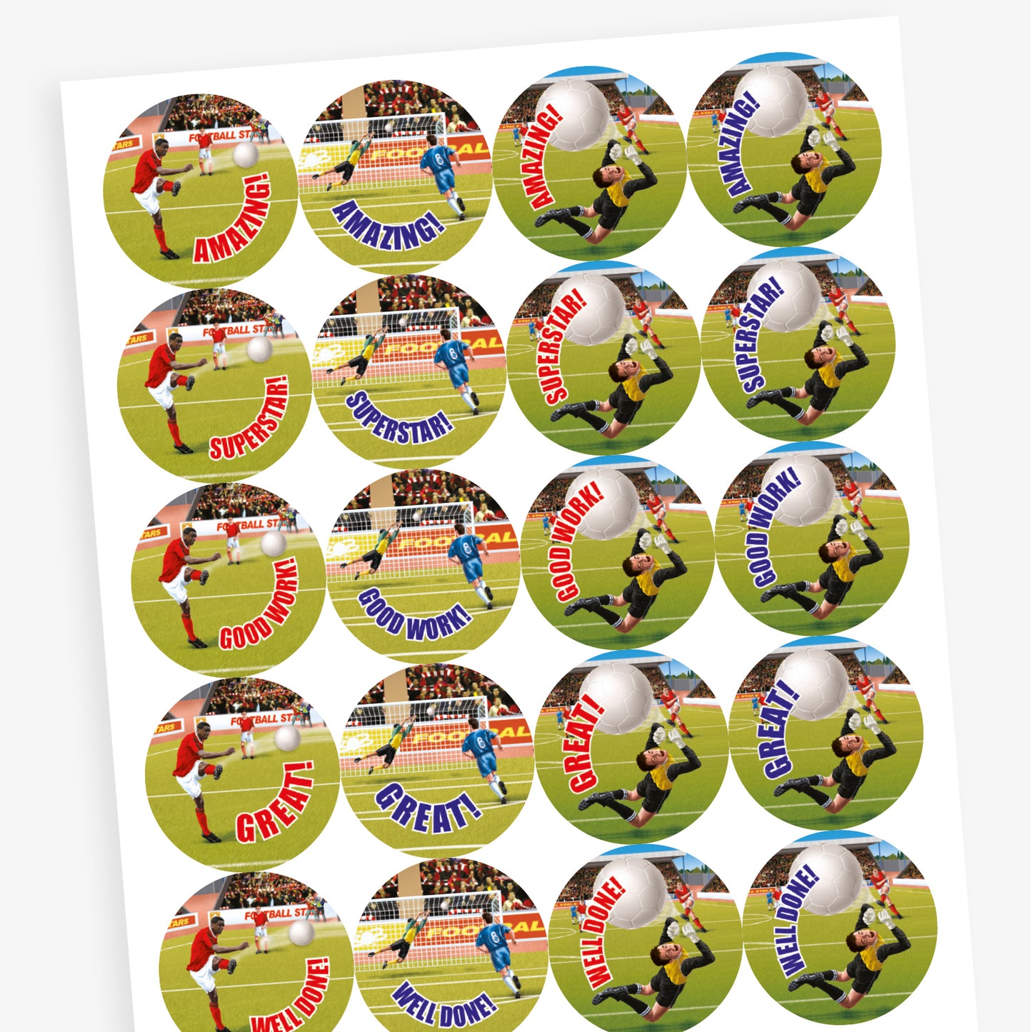 A sheet of 32mm circular stickers with bubblegum scent.  Featuring goals being scored on a football pitch with phrases including 'Well done', 'Great', 'Superstar' and 'Amazing'. 
