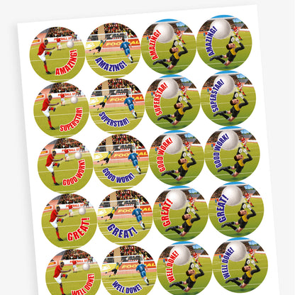 A sheet of 32mm circular stickers with bubblegum scent.  Featuring goals being scored on a football pitch with phrases including 'Well done', 'Great', 'Superstar' and 'Amazing'. 
