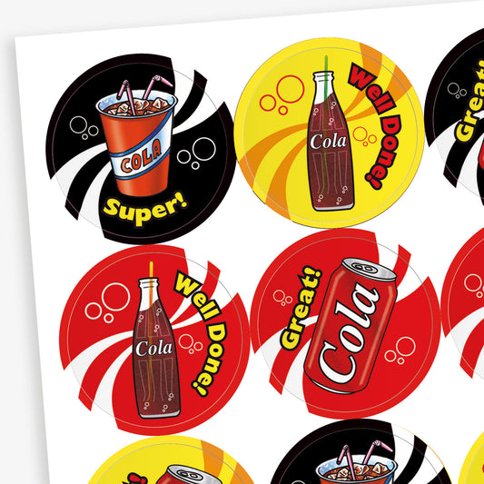 A sheet of 32mm circular stickers featuring various cola-themed designs, including cola bottles, cans, and cups with straws, each accompanied by motivational phrases such as 'Well Done', 'Great', and 'Super', designed to emit a cola scent when rubbed.

