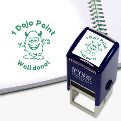 PTS stamp with '1 Dojo Point Well done!' text and a cartoon character on a white background. Green Ink