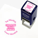 Customisable blue self-inking 25mm stamper with the placeholder text 'CHOOSE YOUR IMAGE' in bold blue, framed by 'Top Wording' and 'Lower Wording' above and below, indicating space for a personalised image and message.