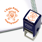 PTS dojo point stamp with a cartoon monster design on a white background.  Orange ink