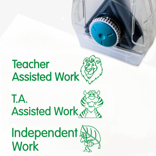 Complete Twist N Stamp in green ink with 3 levels of work assessment; Teacher Assisted, TA Assisted and Independent Work