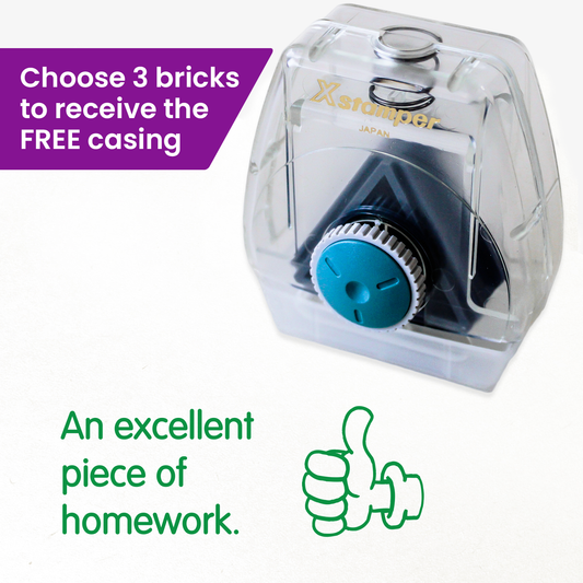 One Twist N Stamp brick in green ink saying 'An excellent piece of homework' alongside a thumbs up icon.
