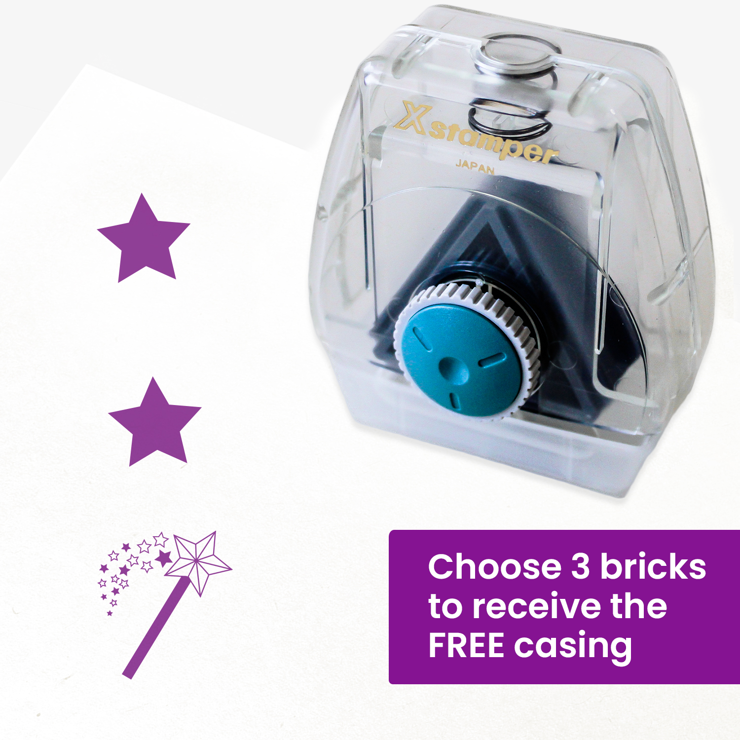 One vertical Twist N Stamp brick in purple ink with a star at the top, a star in the middle and a wand with a shower of stars underneath.