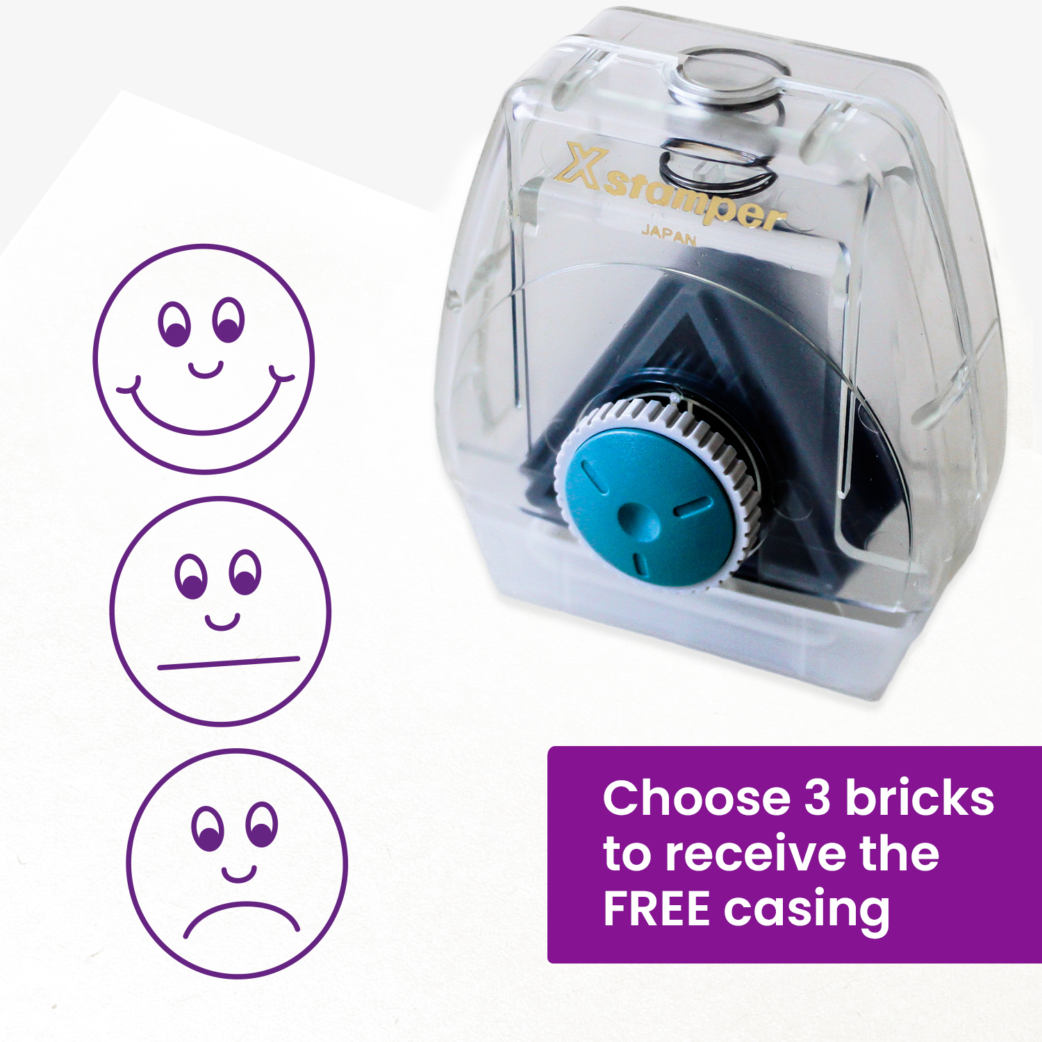 One Twist N Stamp brick in purple ink saying with three emotion faces to choose from - happy / OK / unhappy
