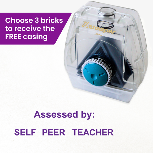 One Twist N Stamp brick in purple ink saying 'Assessed by:' and below the option to circle either 'SELF', 'PEER' or 'TEACHER'.  