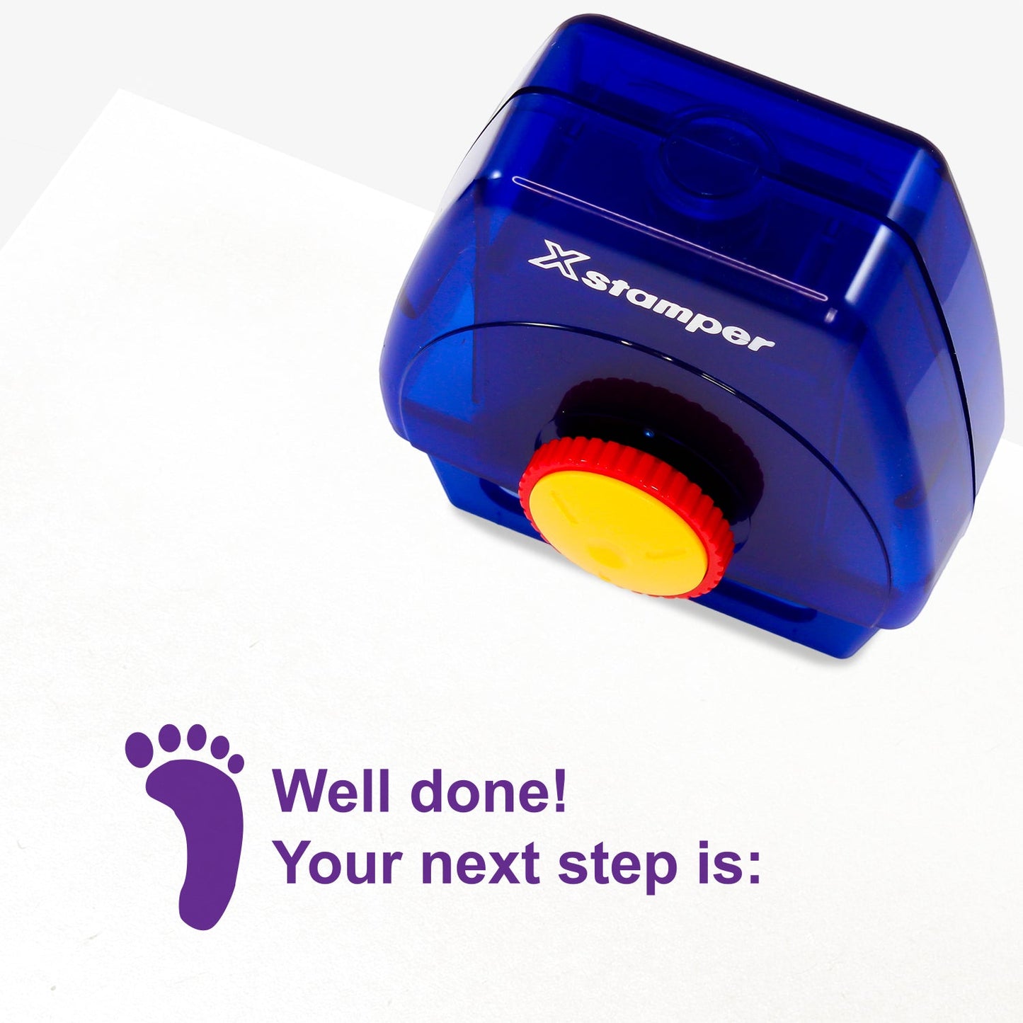 One Twist N Stamp brick in purple ink with a footprint to the left and saying 'Well done! Your next step is:'.