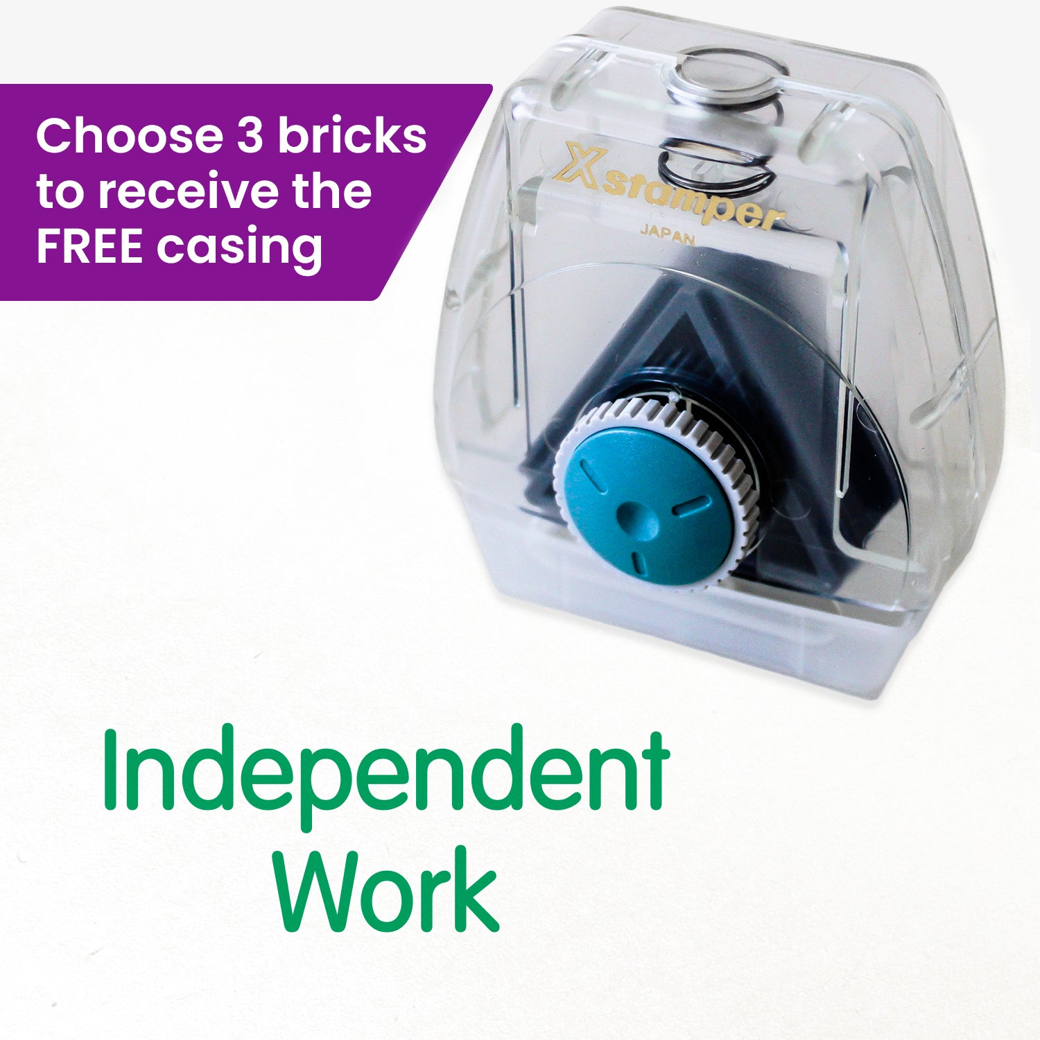 One Twist N Stamp brick in green ink saying 'Independent Work'.  
