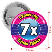I know my 7x Times Tables Badges (10 Badges - 25mm)