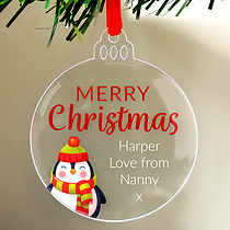 1 Personalised Christmas Penguin Bauble - 75mm