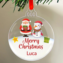 1 Personalised Christmas Santa and Snowman Bauble - 75mm