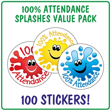 100 Attendance 100% Splash Stickers - 32mm
