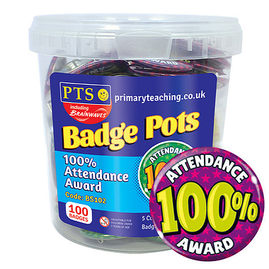 100% Attendance Award Badge Pot (100 Badges - 38mm) Brainwaves