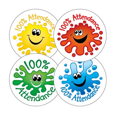 100% Attendance Splash Stickers (20 Stickers - 32mm) Brainwaves