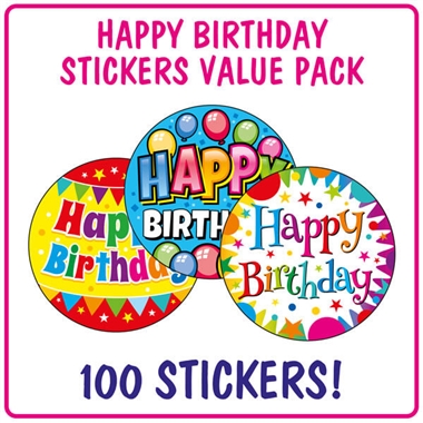 100 Happy Birthday Stickers - 32mm