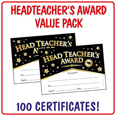 100 Head Teacher's Award Certificates - Black & Gold - A5