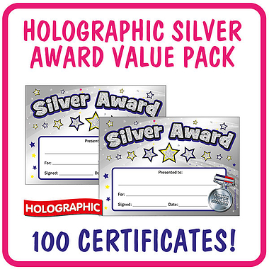 100 Holographic Silver Award Certificates - A5