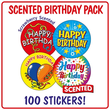 100 Strawberry Scented Happy Birthday Stickers - 32mm