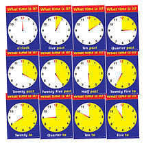 12 Tell the Time Analogue Clock Card Posters - A4