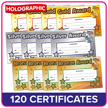 120 Holographic Gold, Silver and Bronze Certificates - A5