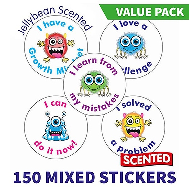 150 Jellybean Scented Growth Mindset Monsters Stickers - 25mm