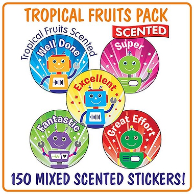 150 Tropical Fruit Scented Robot Stickers - 25mm