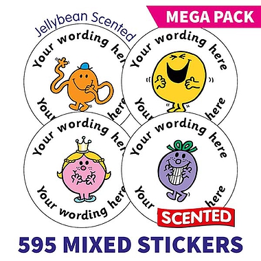 Personalised SCENTED Mr Men & Little Miss Stickers - Jellybean - Value Packs (595 per sheet - 37mm)
