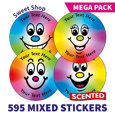 Personalised SCENTED Rainbow Smiles Stickers - Sweet Shop - Value Pack (595 Stickers - 37mm)