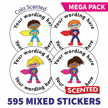 Personalised SCENTED Super Hero Stickers - Cola - Value Pack (595 per sheet - 37mm)