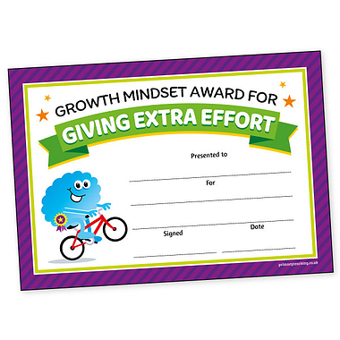 20 Giving Extra Effort Growth Mindset Certificates - A5