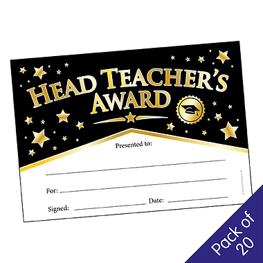 20 Head Teacher's Award Black & Gold Certificates - A5