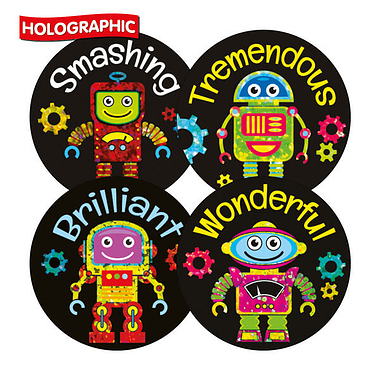 20 Holographic Robot Stickers - 32mm