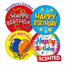 20 Strawberry Scented Happy Birthday Stickers - 32mm