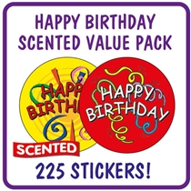 225 Strawberry Scented Birthday Stickers - 32mm