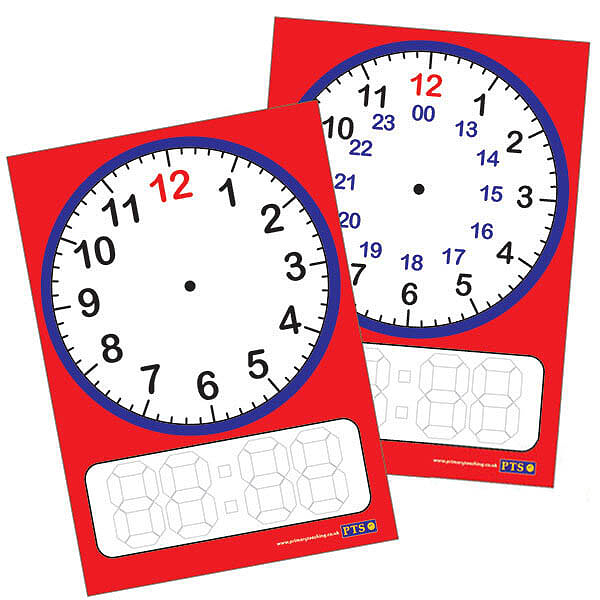 Double Sided 24 Hour Clock Wipe Clean School Classroom Poster A2 For Kids Pupils 
