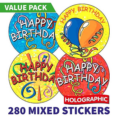 280 Holographic Happy Birthday Stickers - 37mm